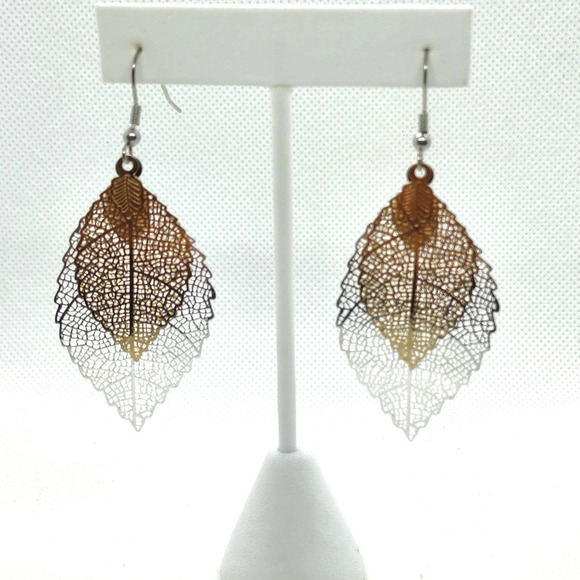 BOHO LEAF EARRINGS DROP EARRINGS NEW DOUBLE LEAF GOLD SILVER FAST SHIP! - Picture 1 of 7